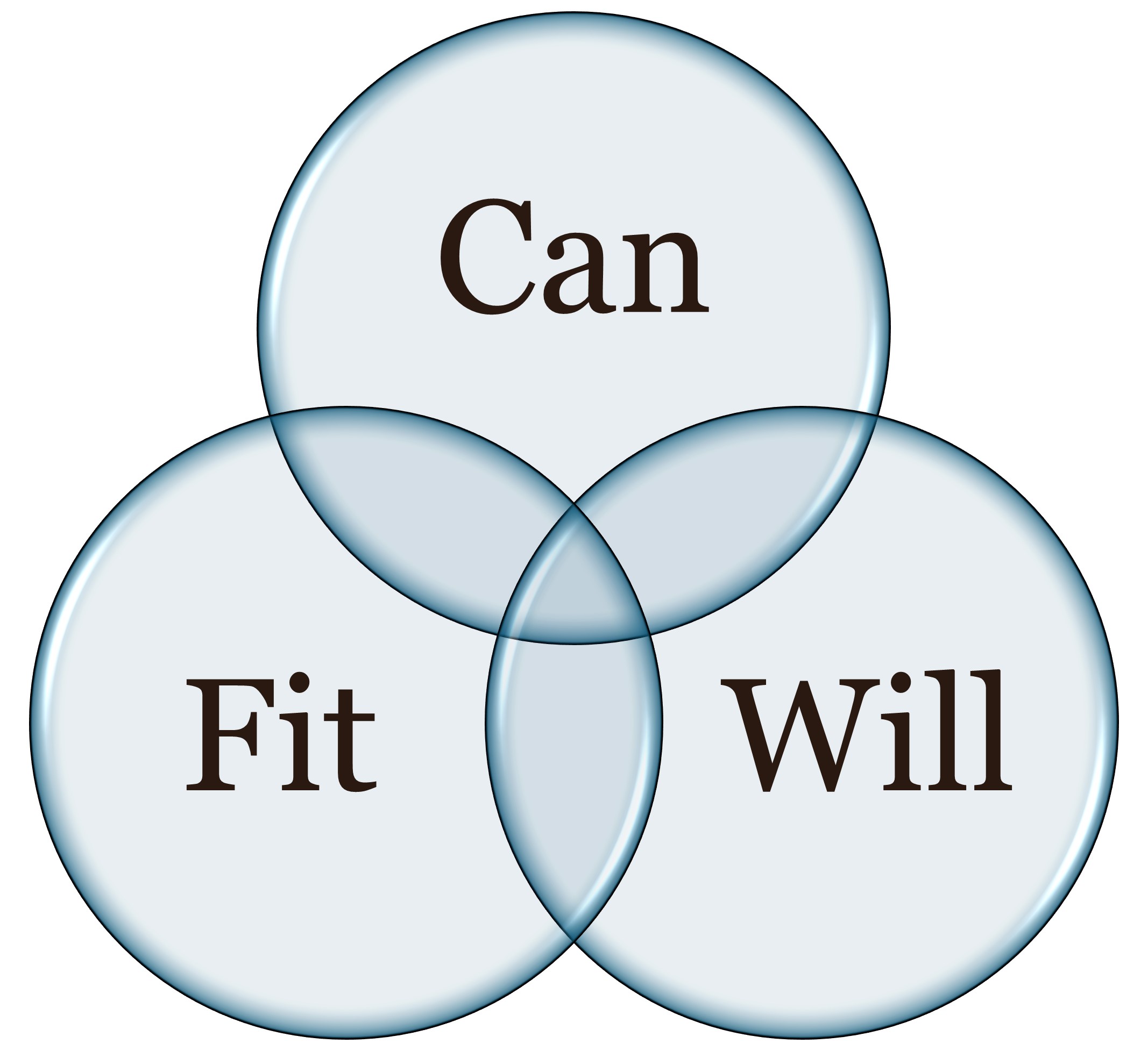 Venn diagram with three circles each with the words Can, Will, and Fit