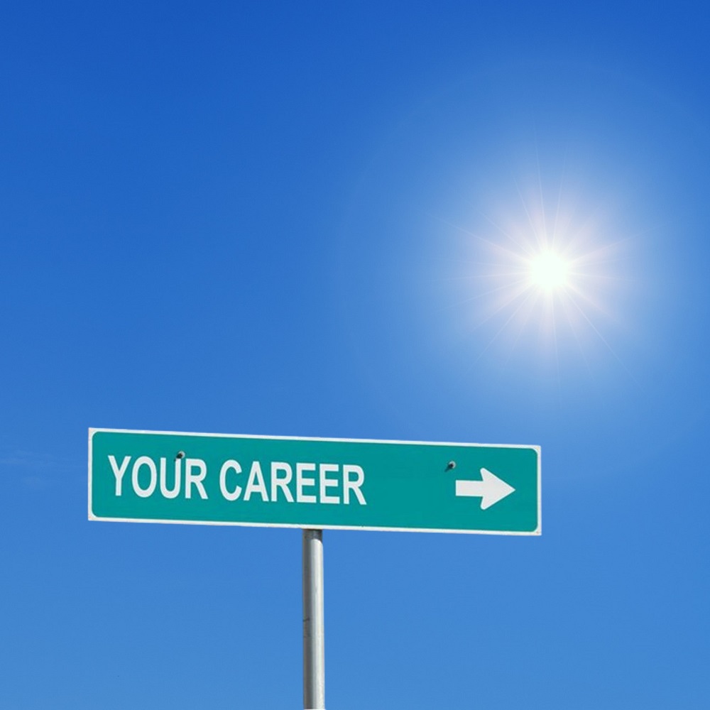 Road sign with the words "Your Career" set against a clear blue sky and sun shining